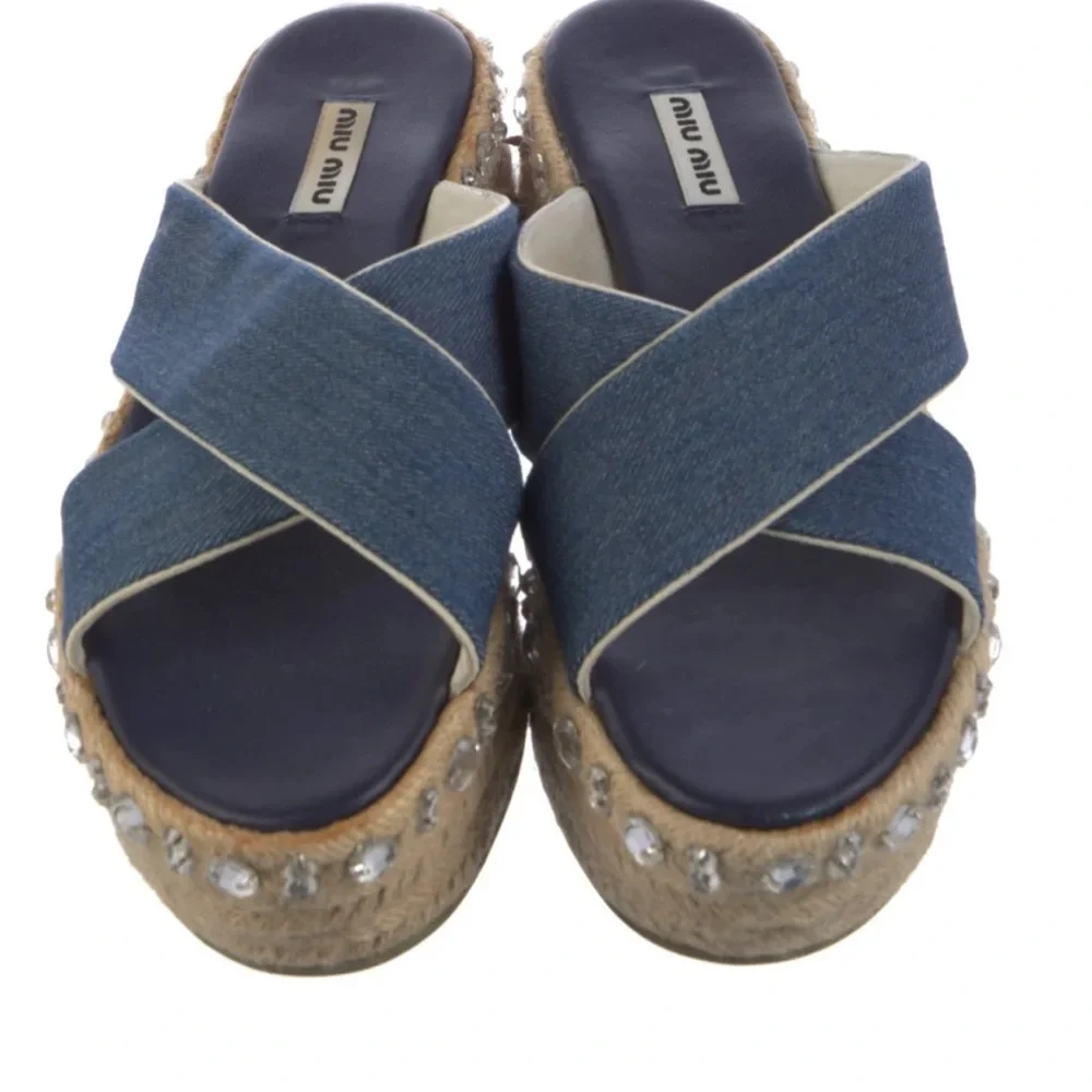 Miu Miu Criss Cross Jeweled Blue Y2K Denim Platform Sandals
